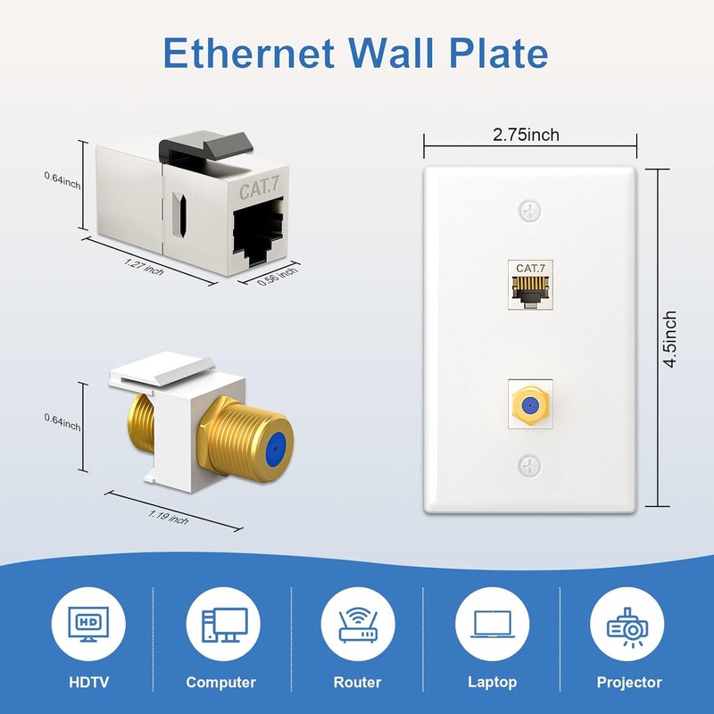 FGBB 2 Pack Single Gang Ethernet Coax Wall Plate with Mounting Bracket, 1 Cat7 Shielded Ethernet Port and 1 Gold-plated Coax F Type Port, 2 Port Female to Female Keystone wall plate - Image 3